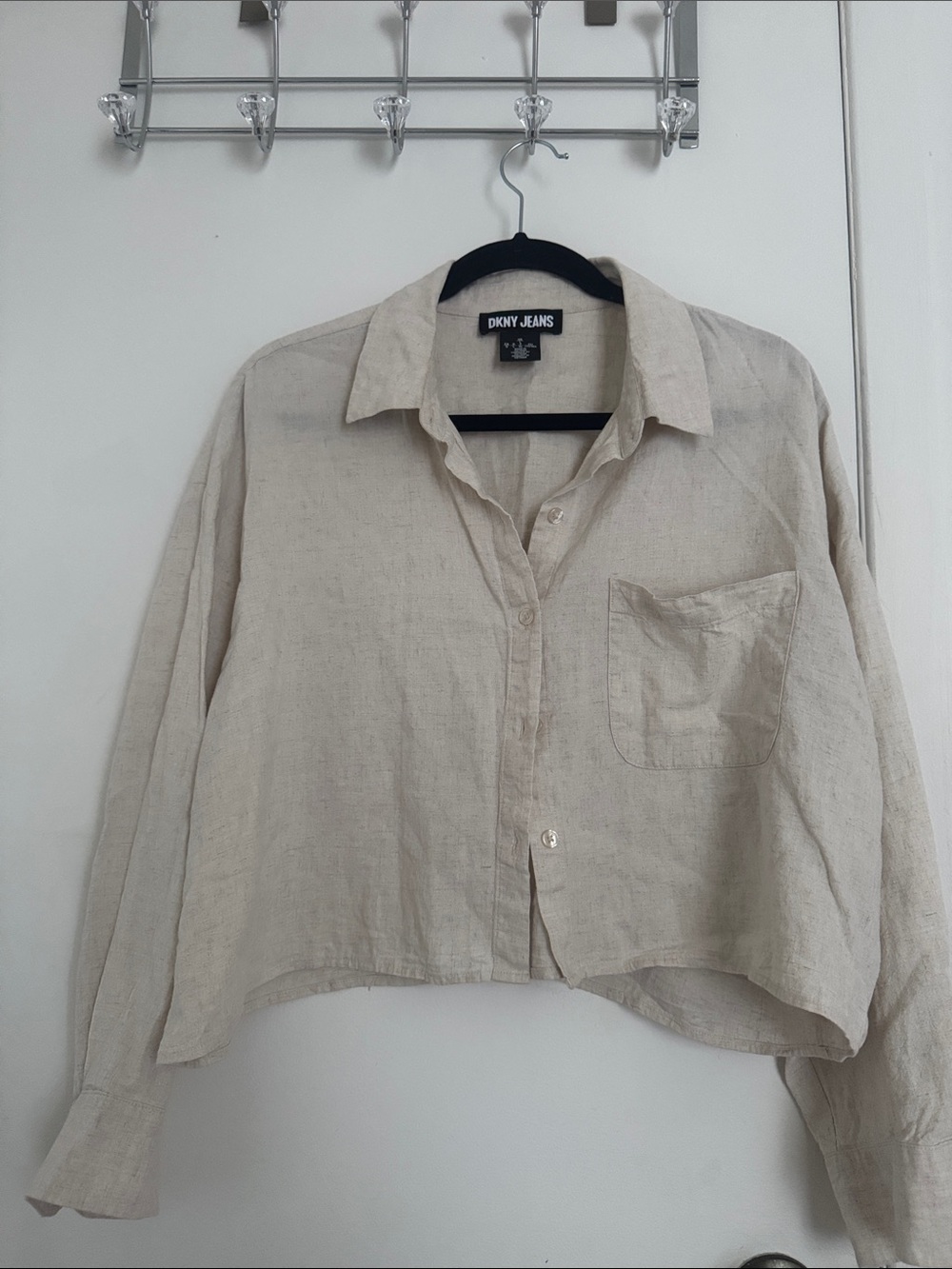 Shirt DKNY Jeans Cropped Linen Blend Blouse - Oatmeal - Size Large (L)